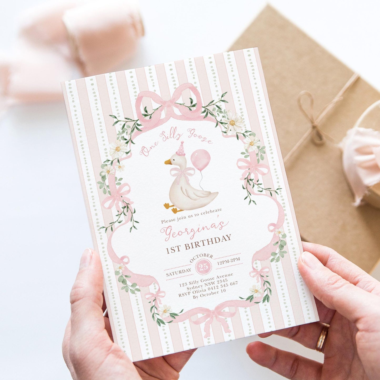One Silly Goose 1st Birthday Invitation | Pink Bow Editable | CORJL