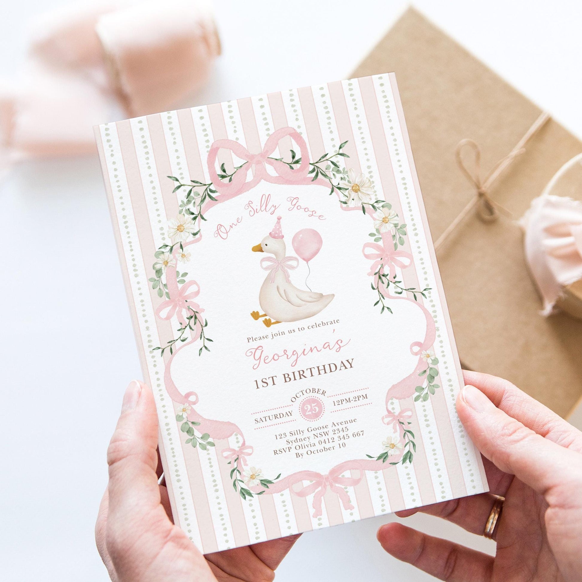 One Silly Goose 1st Birthday Invitation | Pink Bow Editable | CORJL