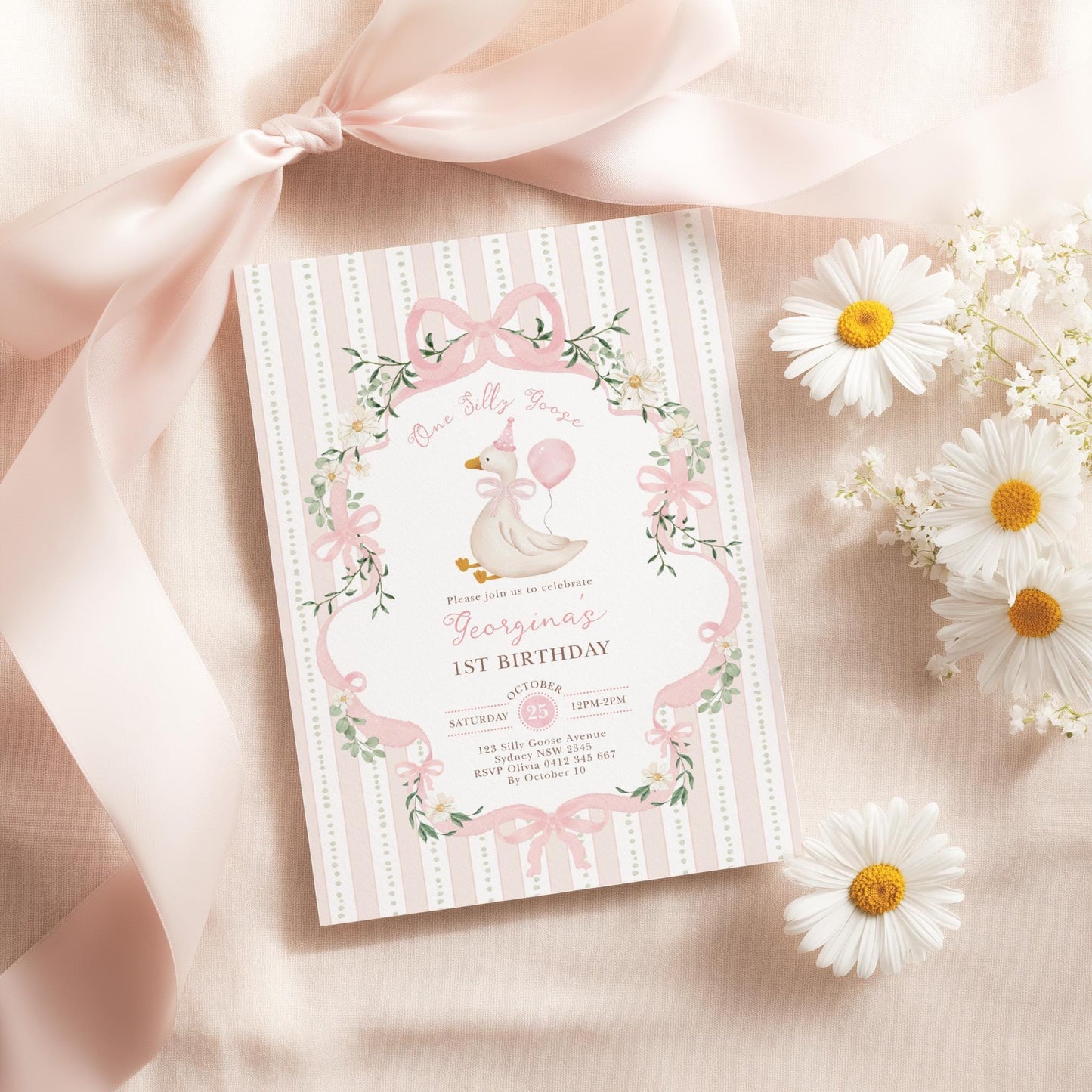 One Silly Goose 1st Birthday Invitation | Pink Bow Editable | CORJL