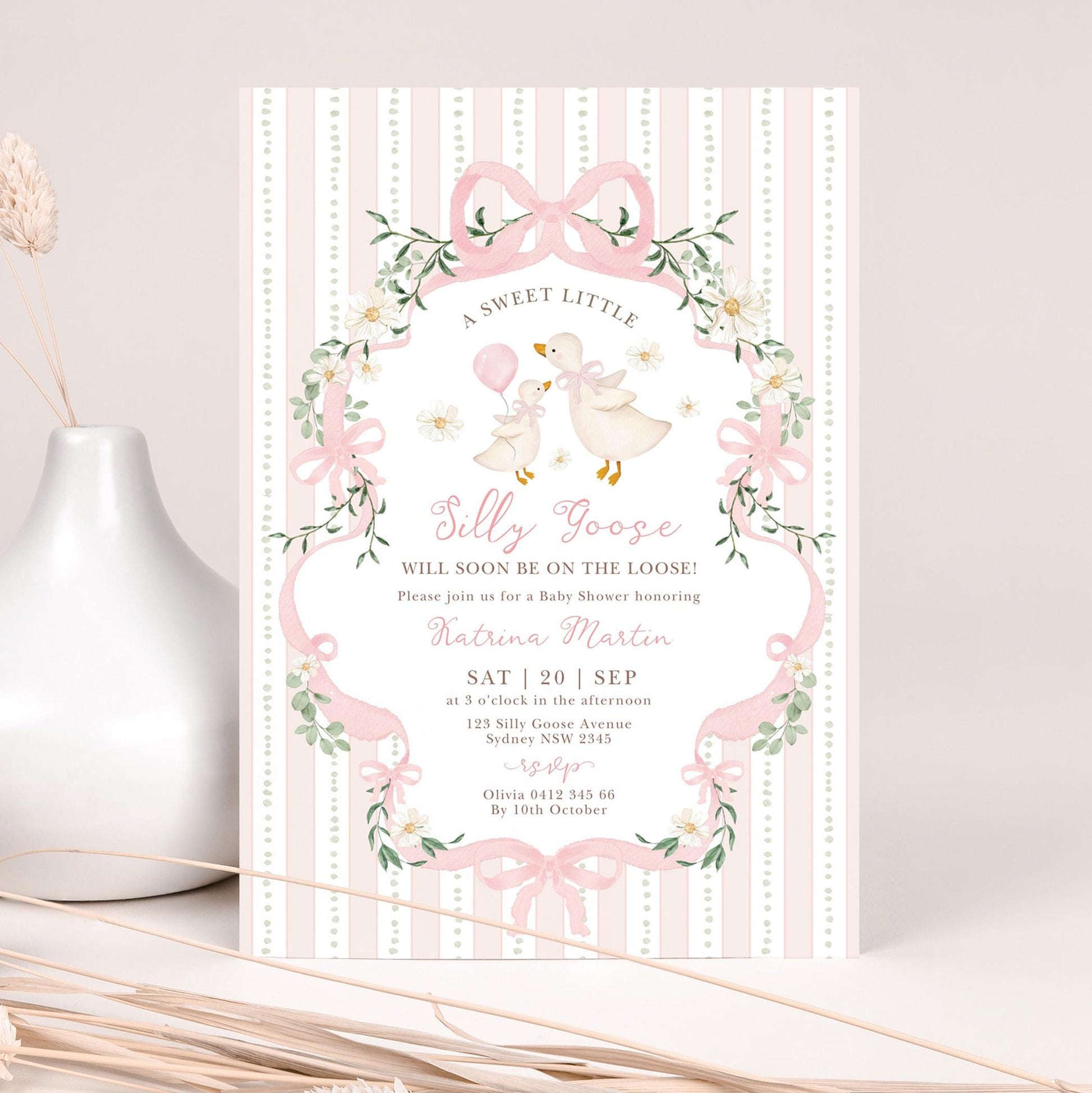 Pink Silly Goose Baby Shower Invitation | Editable Corjl Template