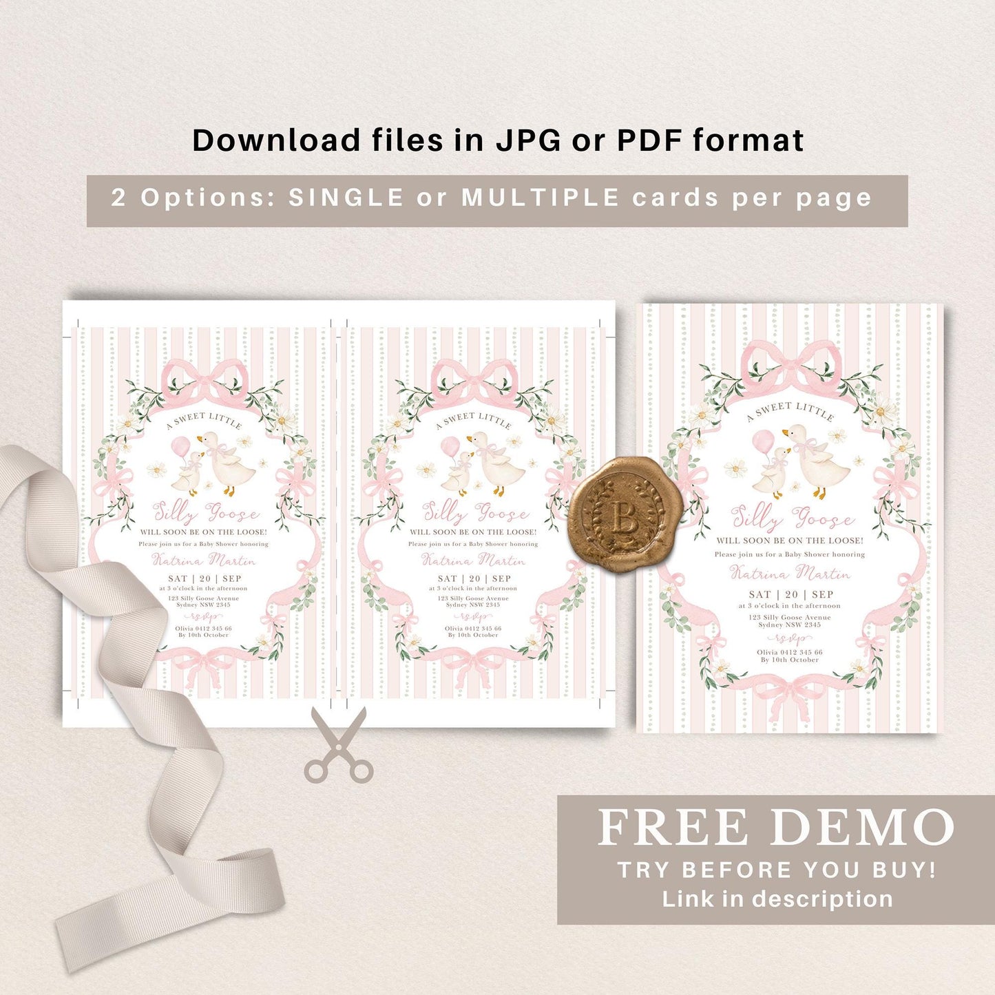 Pink Silly Goose Baby Shower Invitation | Editable Corjl Template
