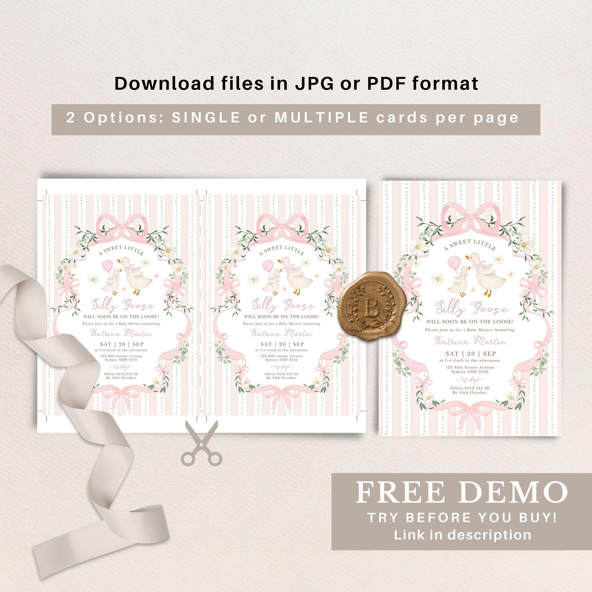 Pink Silly Goose Baby Shower Invitation | Editable Corjl Template