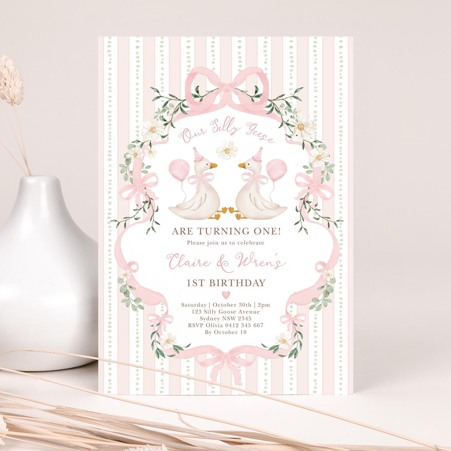 Two Silly Geese Pink Bow Birthday Invitation | Editable Corjl Template