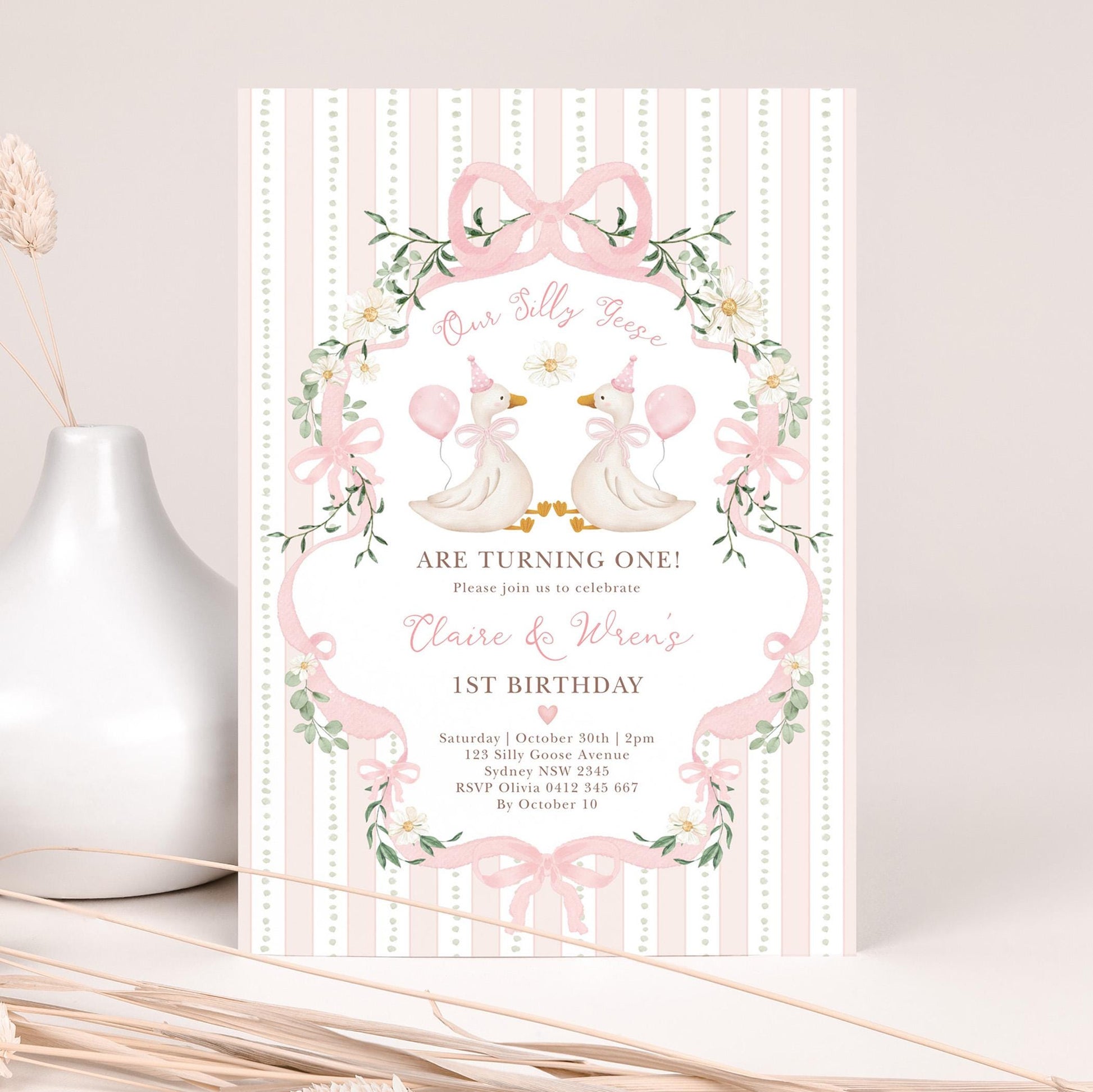 Two Silly Geese Pink Bow Birthday Invitation | Editable Corjl Template