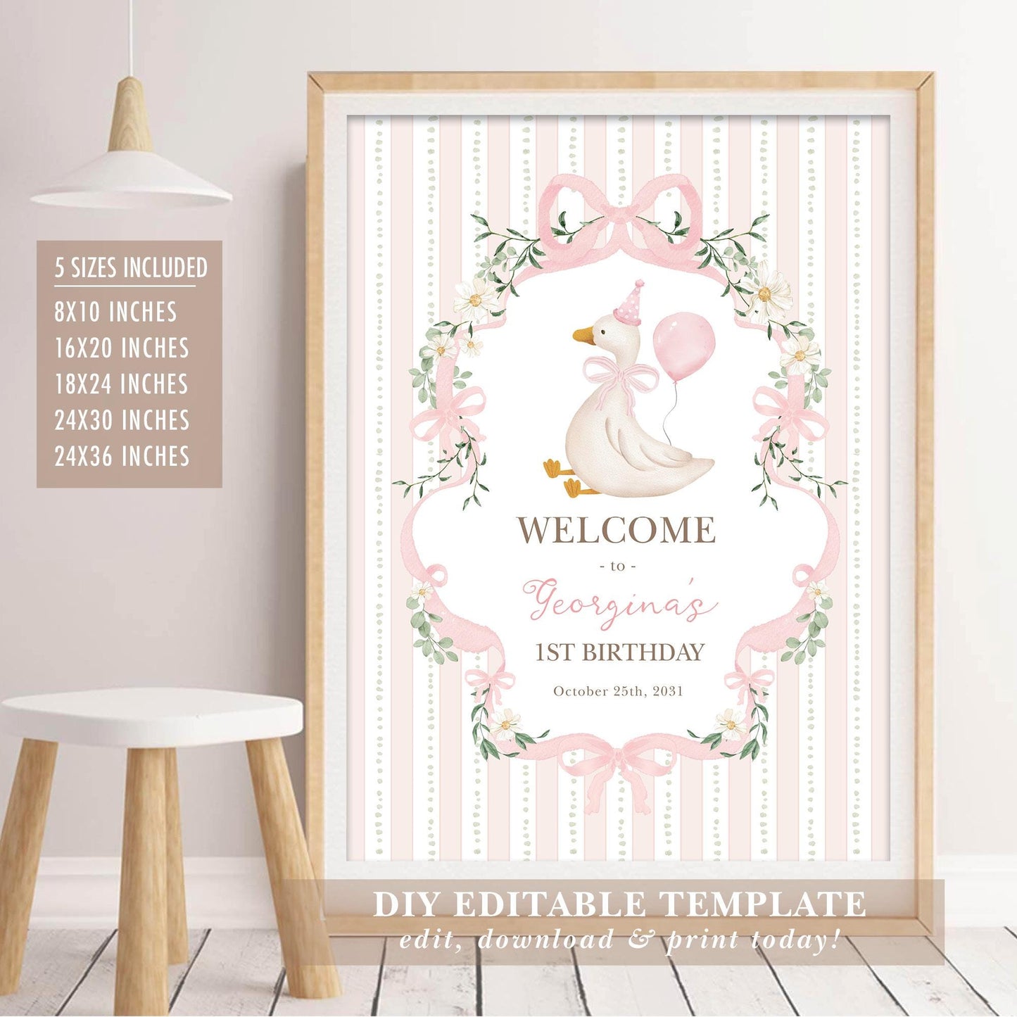 One Silly Goose 1st Birthday Welcome Sign | Editable Corjl Template