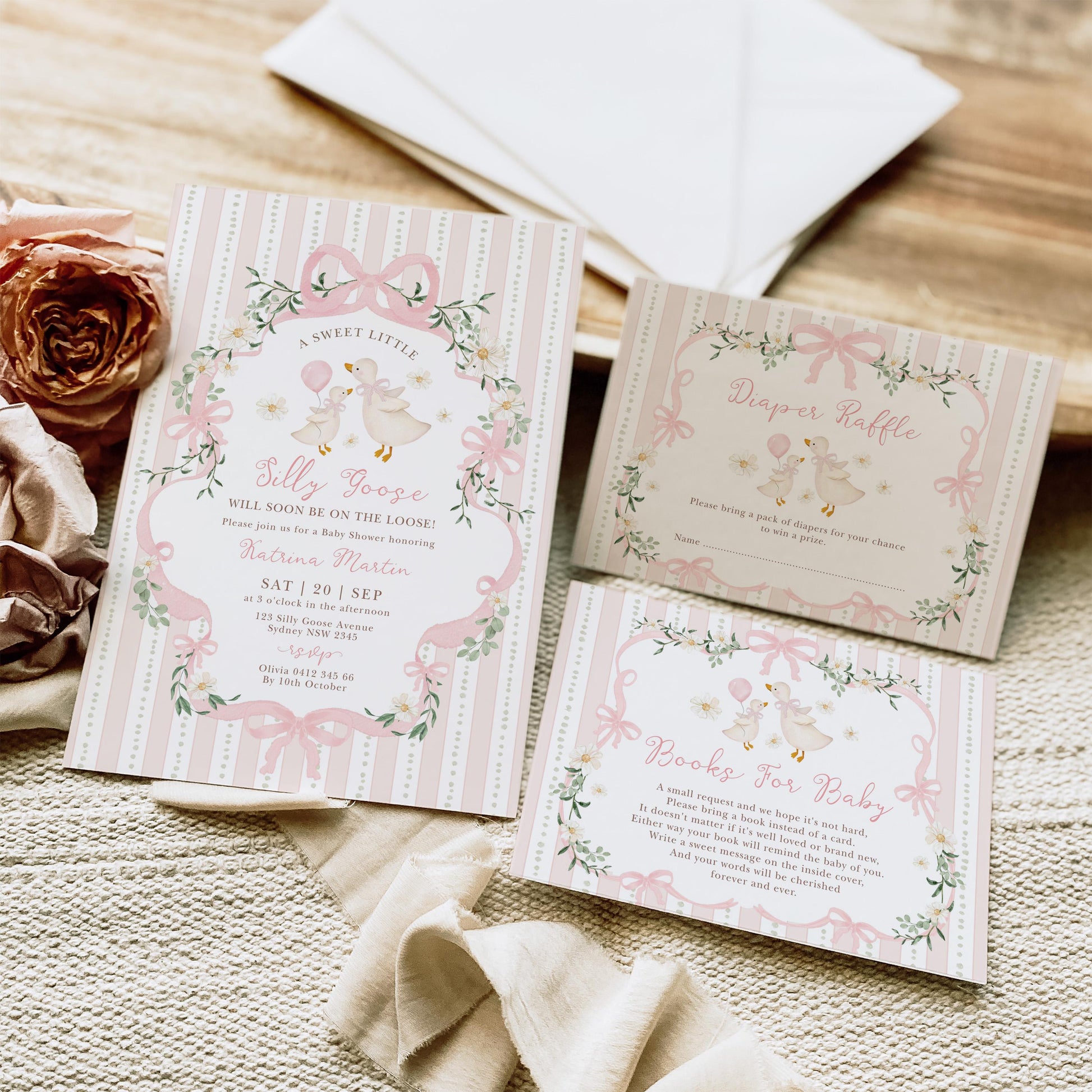 Silly Goose Baby Shower Invitation Set | Pink Bow Coquette | Editable Corjl