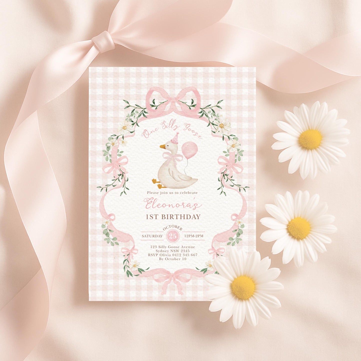 One Silly Goose 1st Birthday Invitation | Pink Gingham Daisy | Corjl Editable