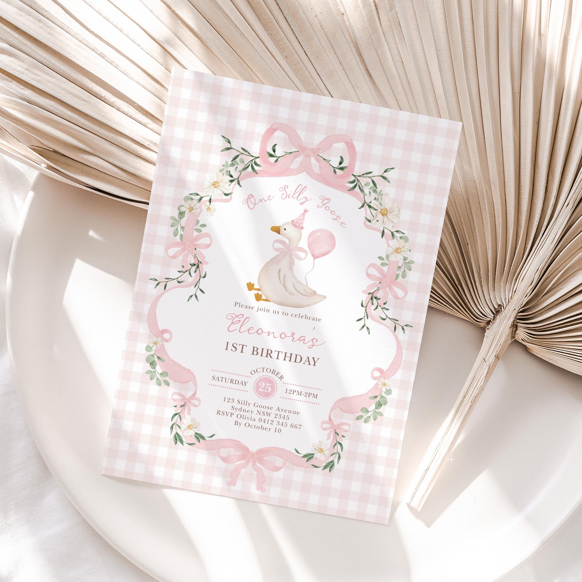 One Silly Goose 1st Birthday Invitation | Pink Gingham Daisy | Corjl Editable