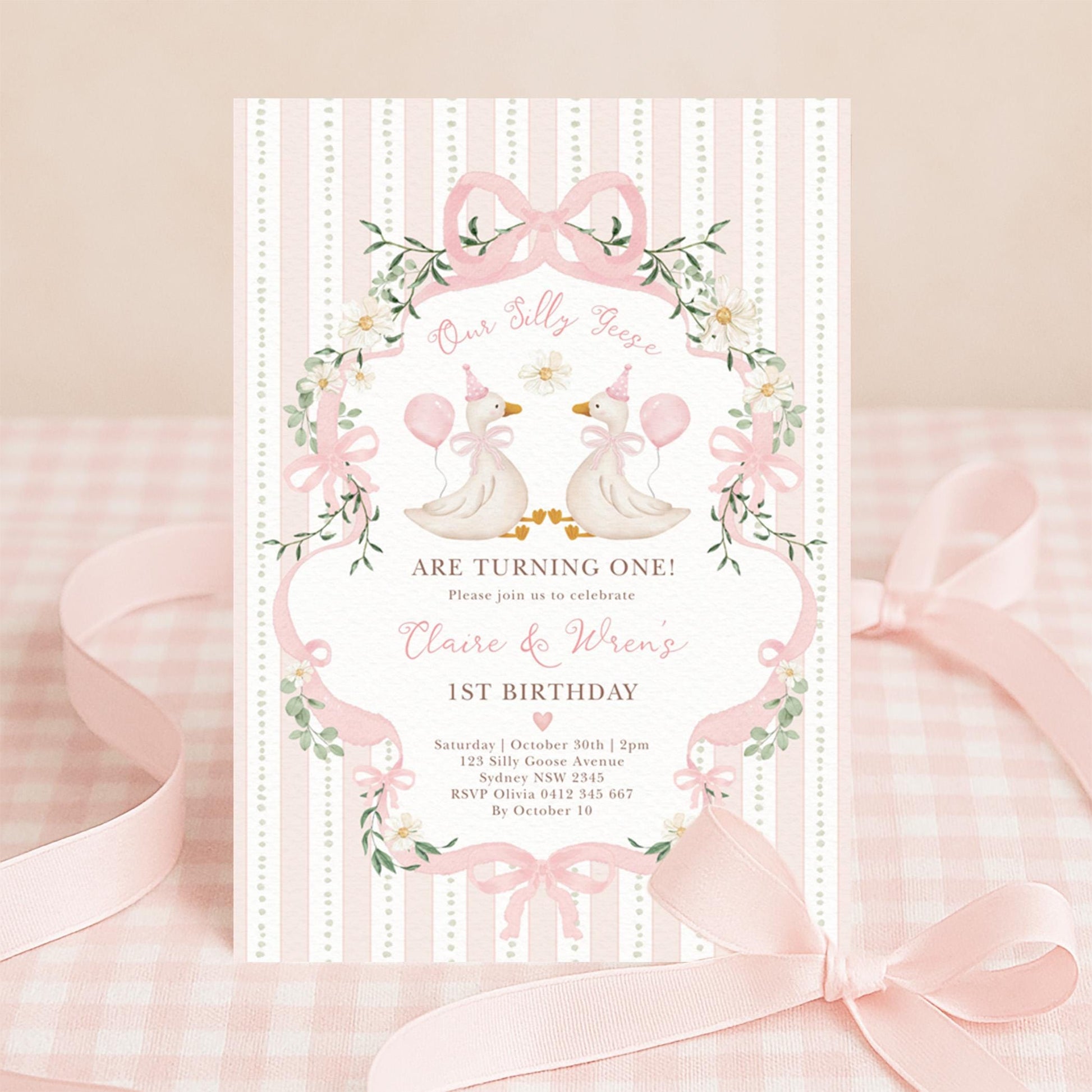 Two Silly Geese Pink Bow Birthday Invitation | Editable Corjl Template