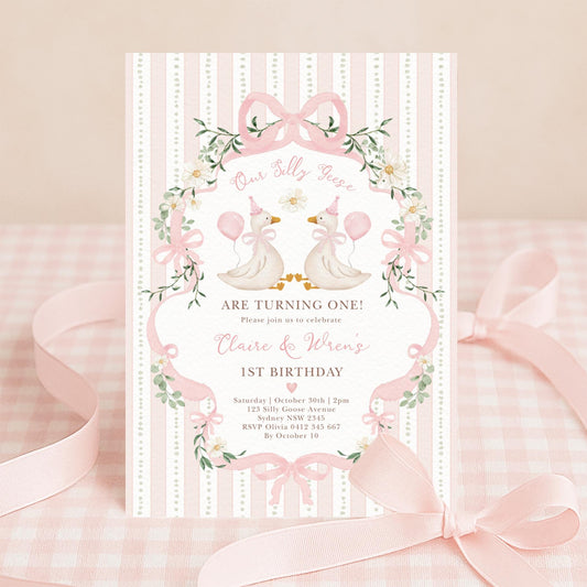 Two Silly Geese Pink Bow Birthday Invitation | Editable Corjl Template