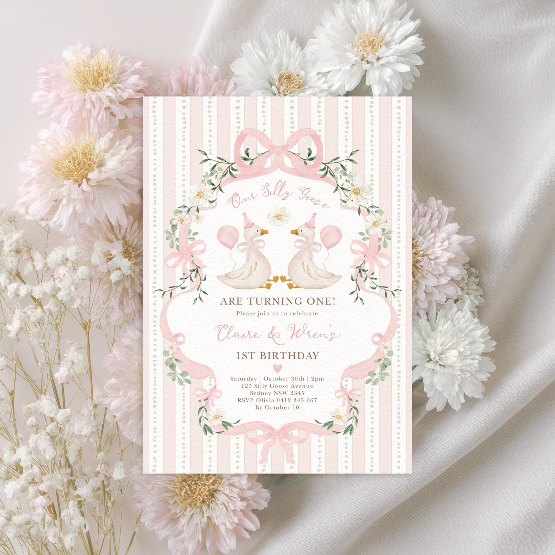 Two Silly Geese Pink Bow Birthday Invitation | Editable Corjl Template