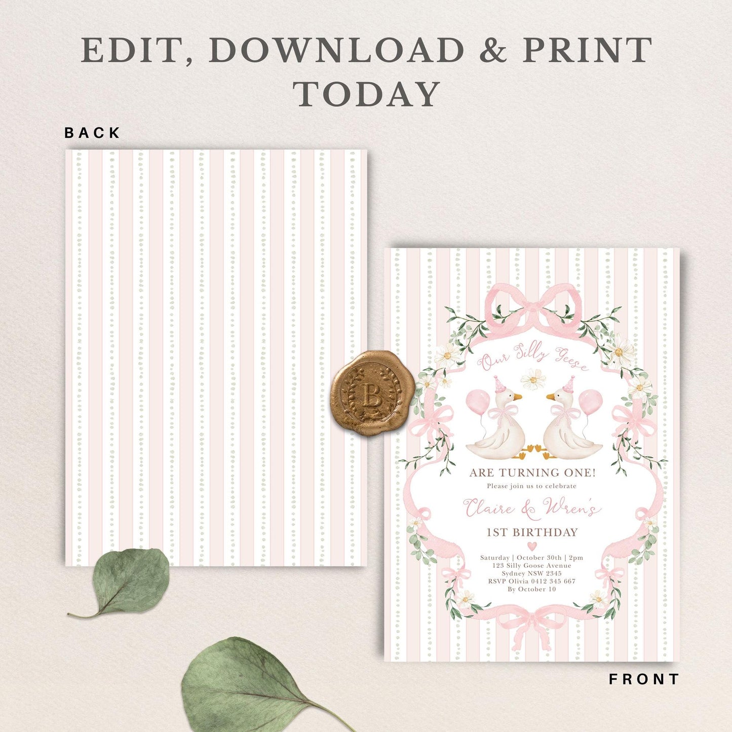 Two Silly Geese Pink Bow Birthday Invitation | Editable Corjl Template