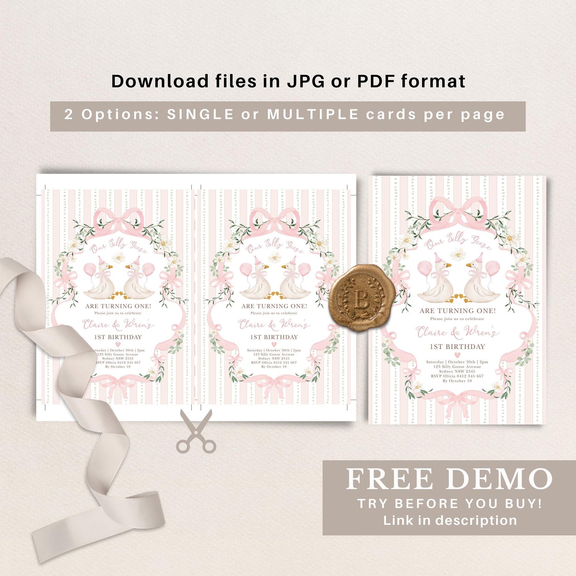Two Silly Geese Pink Bow Birthday Invitation | Editable Corjl Template