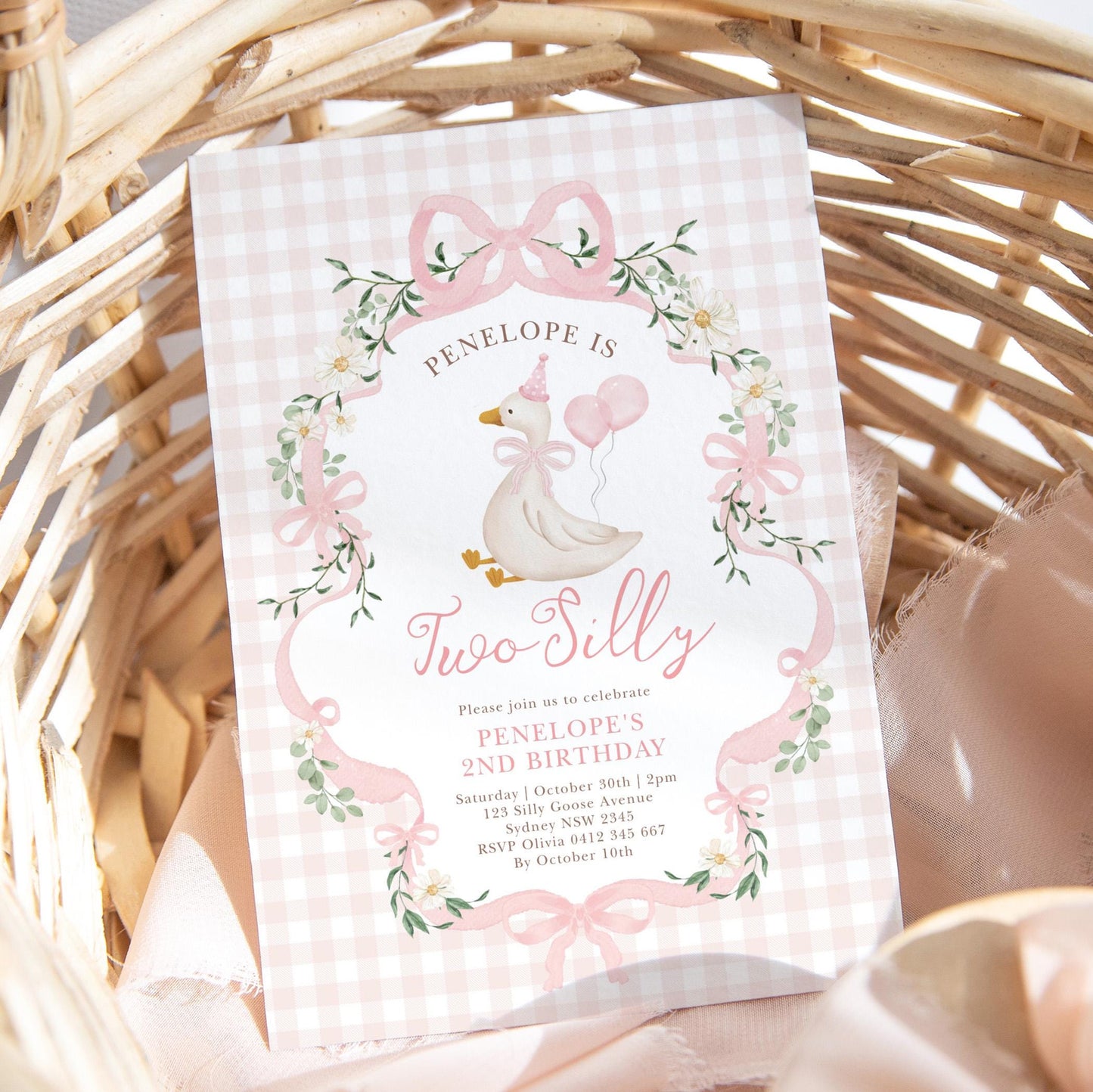Two Silly Goose 2nd Birthday Invitation | Pink Preppy Floral | Editable Corjl