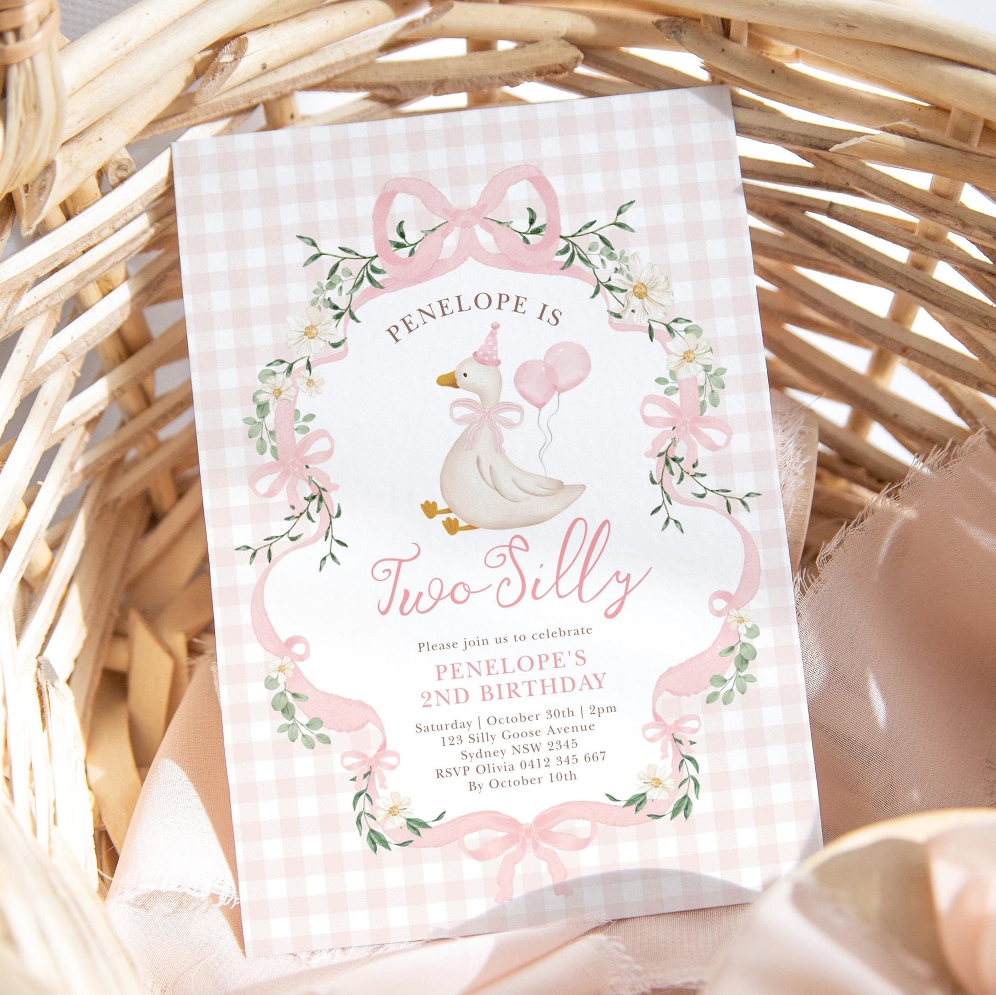 Two Silly Goose 2nd Birthday Invitation | Pink Preppy Floral | Editable Corjl