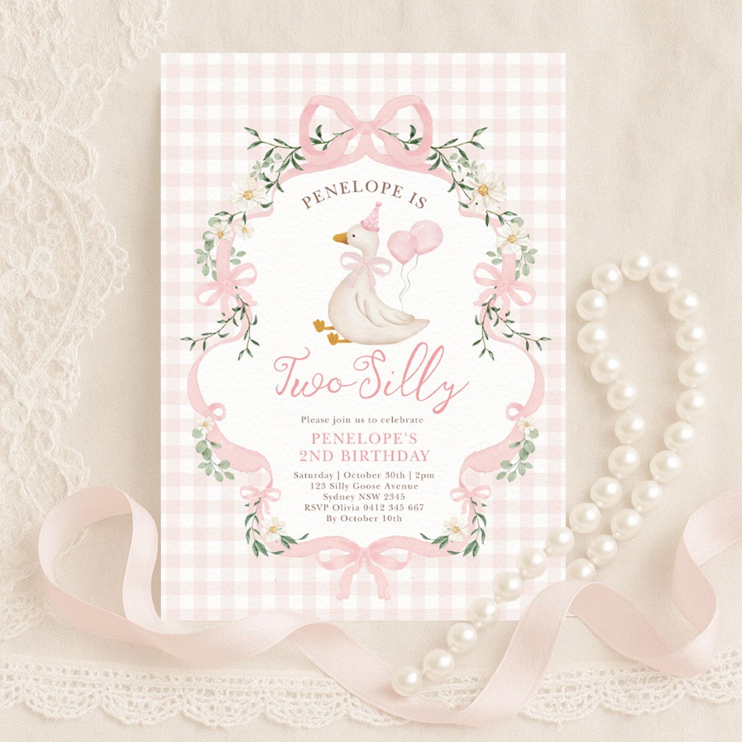 Two Silly Goose 2nd Birthday Invitation | Pink Preppy Floral | Editable Corjl