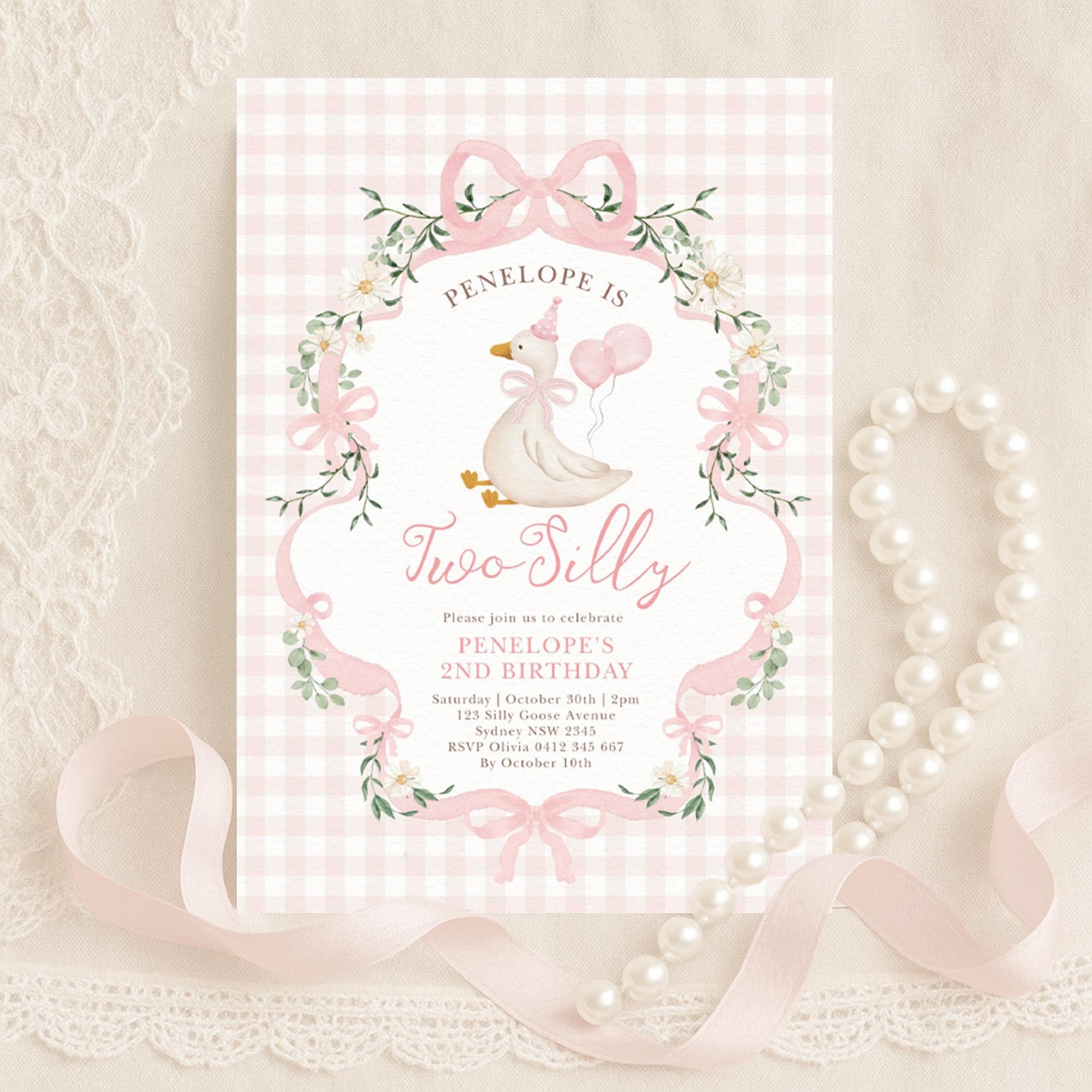 Two Silly Goose 2nd Birthday Invitation | Pink Preppy Floral | Editable Corjl