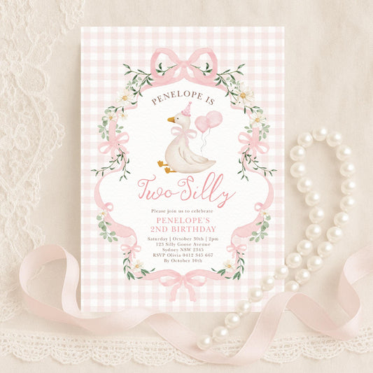 Two Silly Goose 2nd Birthday Invitation | Pink Preppy Floral | Editable Corjl