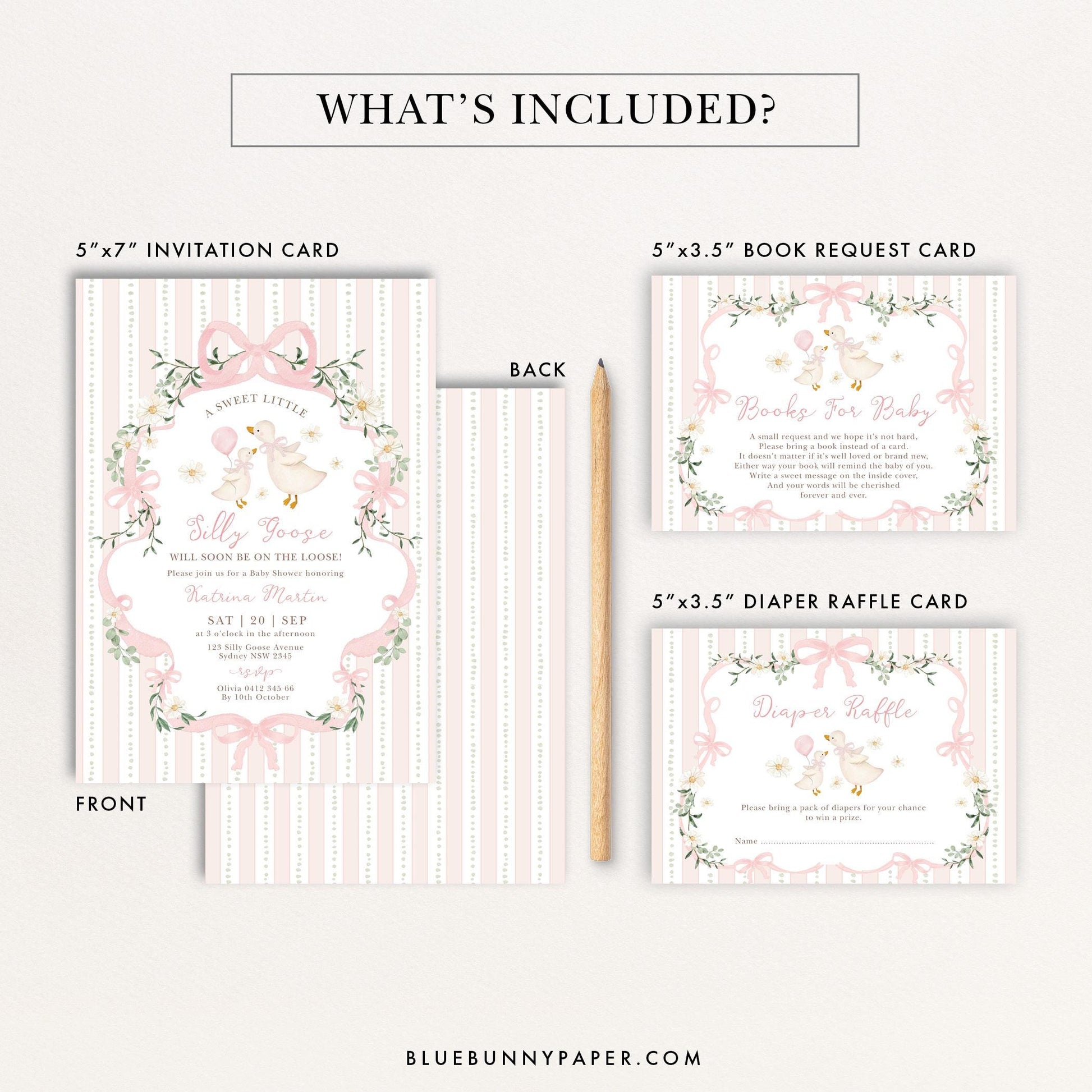 Silly Goose Baby Shower Invitation Set | Pink Bow Coquette | Editable Corjl