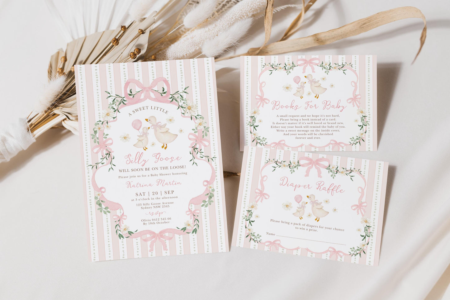 Silly Goose Baby Shower Invitation Set | Pink Bow Coquette | Editable Corjl