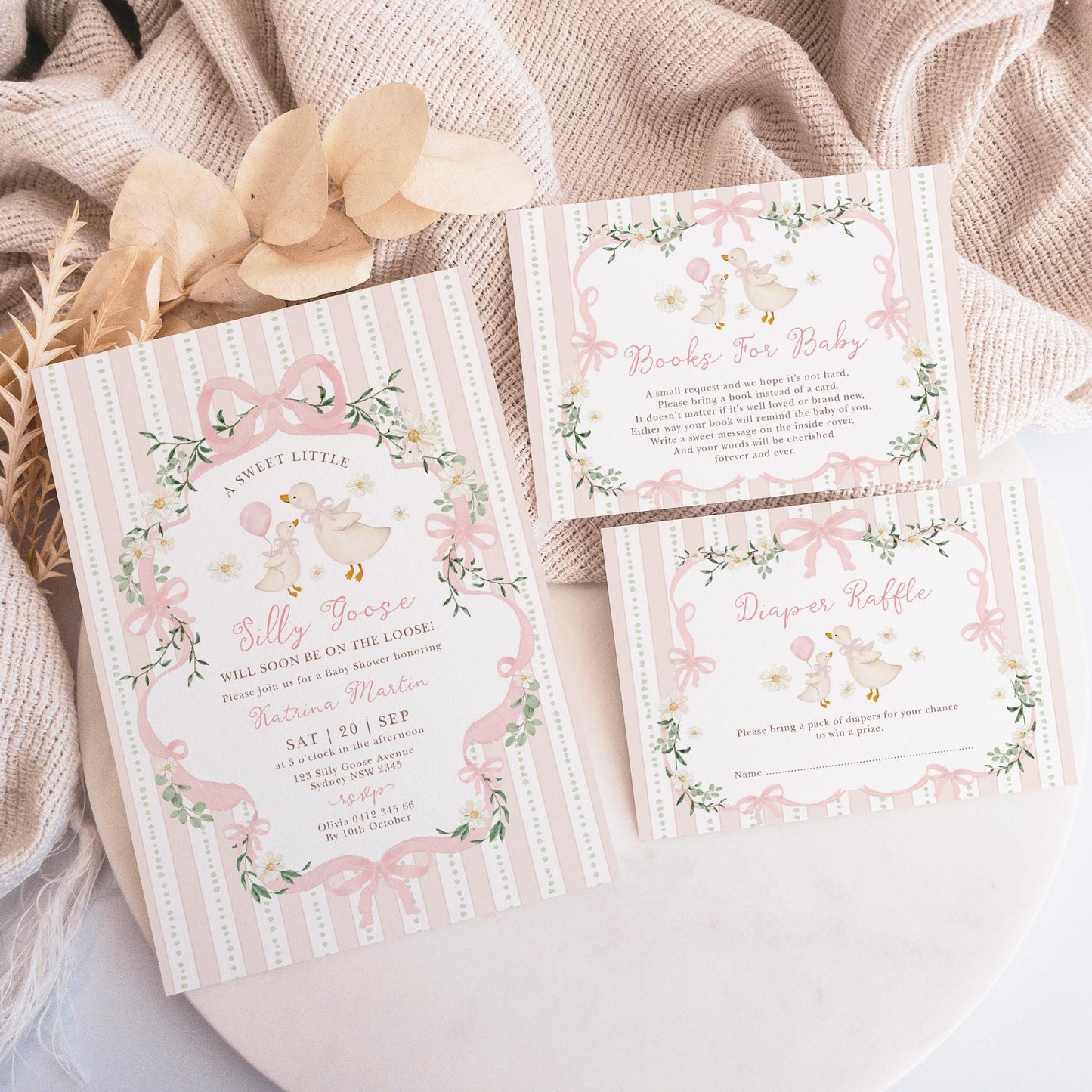Silly Goose Baby Shower Invitation Set | Pink Bow Coquette | Editable Corjl