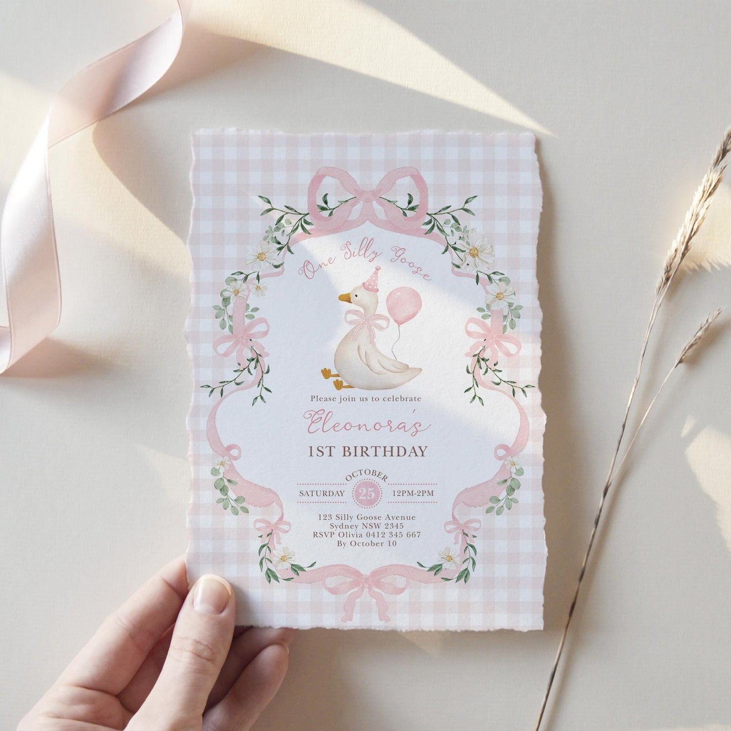 One Silly Goose 1st Birthday Invitation | Pink Gingham Daisy | Corjl Editable
