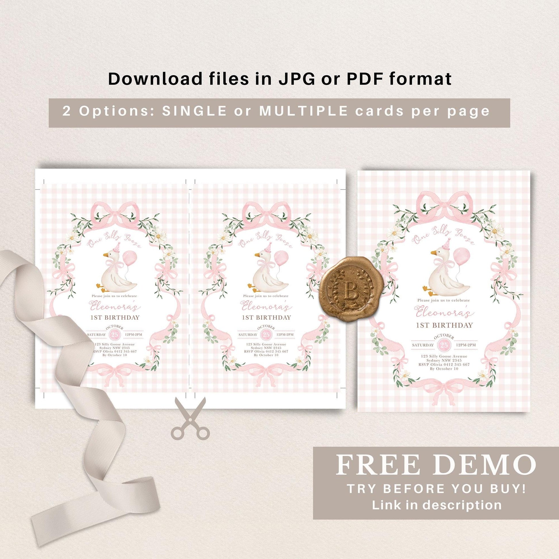 One Silly Goose 1st Birthday Invitation | Pink Gingham Daisy | Corjl Editable