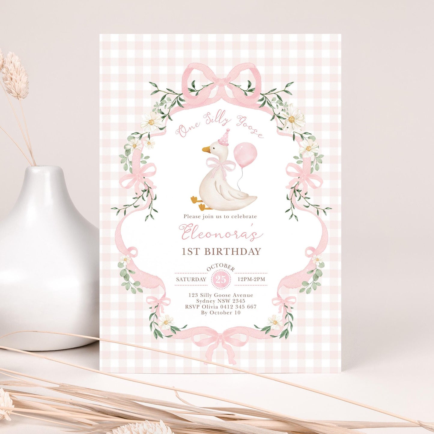 One Silly Goose 1st Birthday Invitation | Pink Gingham Daisy | Corjl Editable