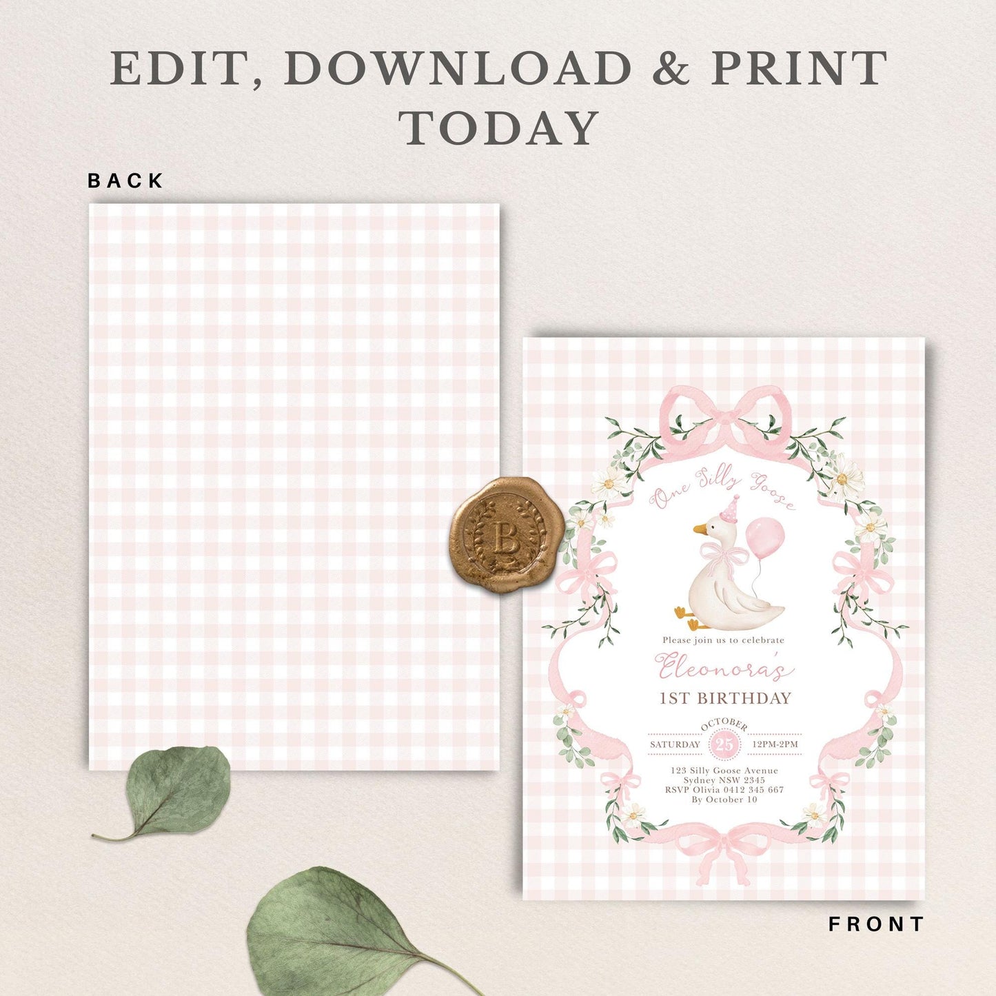 One Silly Goose 1st Birthday Invitation | Pink Gingham Daisy | Corjl Editable