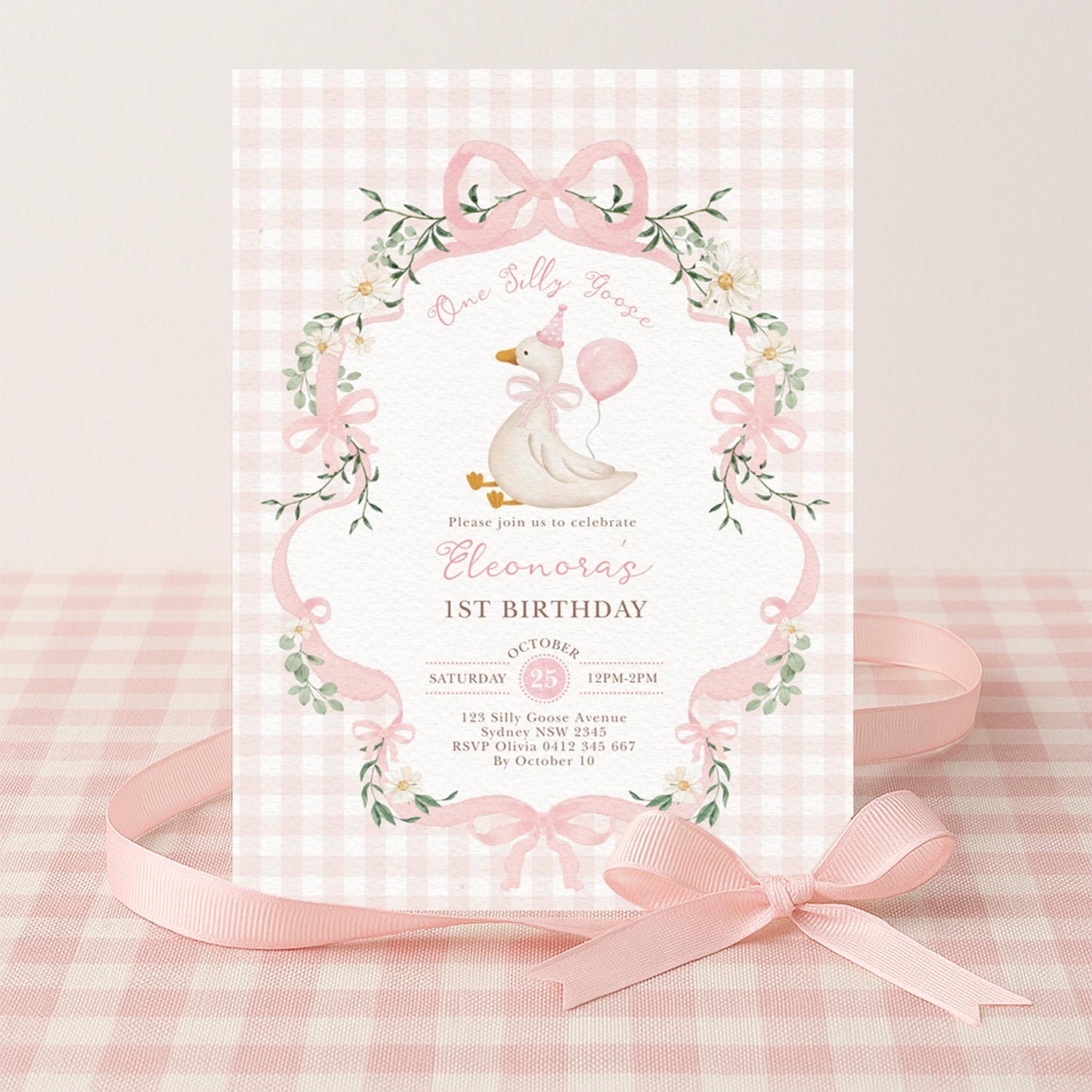 One Silly Goose 1st Birthday Invitation | Pink Gingham Daisy | Corjl Editable