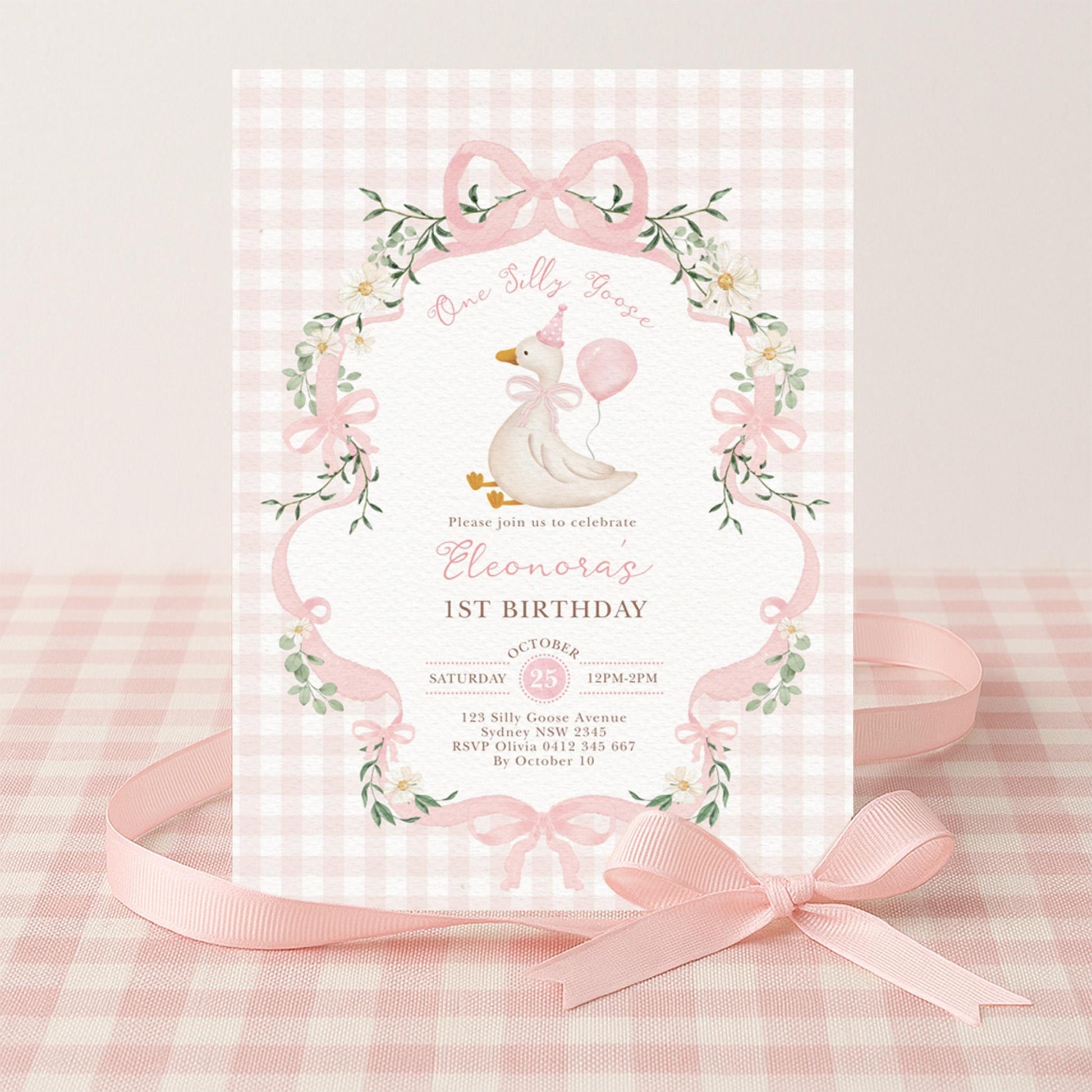 One Silly Goose 1st Birthday Invitation | Pink Gingham Daisy | Corjl Editable