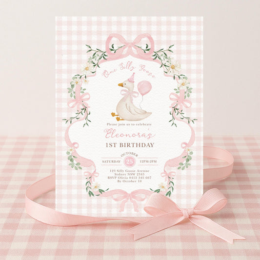 One Silly Goose 1st Birthday Invitation | Pink Gingham Daisy | Corjl Editable