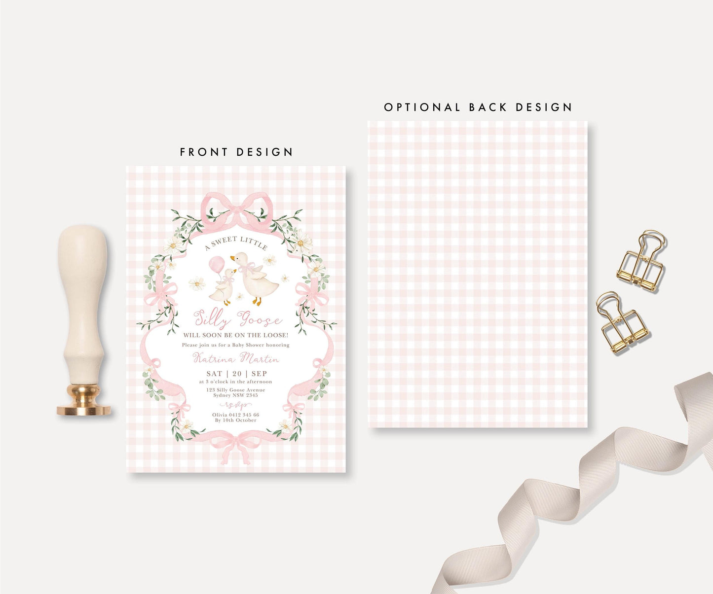 Silly Goose Baby Shower Invitation | Coquette Pink Bow | Editable Corjl
