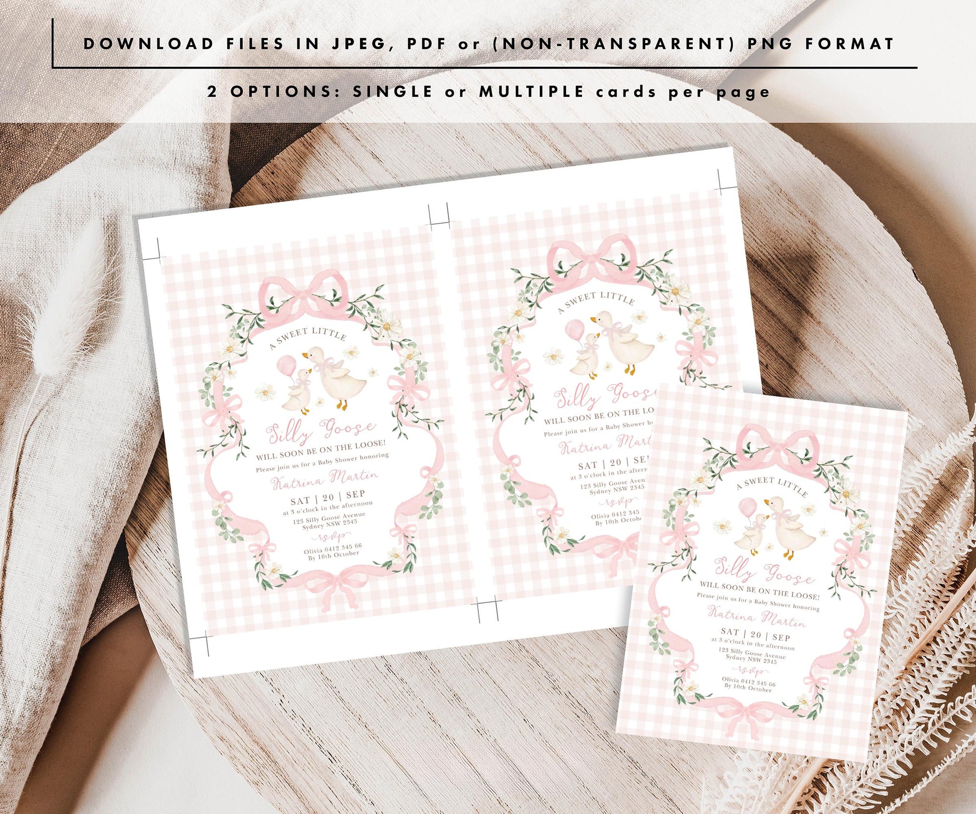 Silly Goose Baby Shower Invitation | Coquette Pink Bow | Editable Corjl