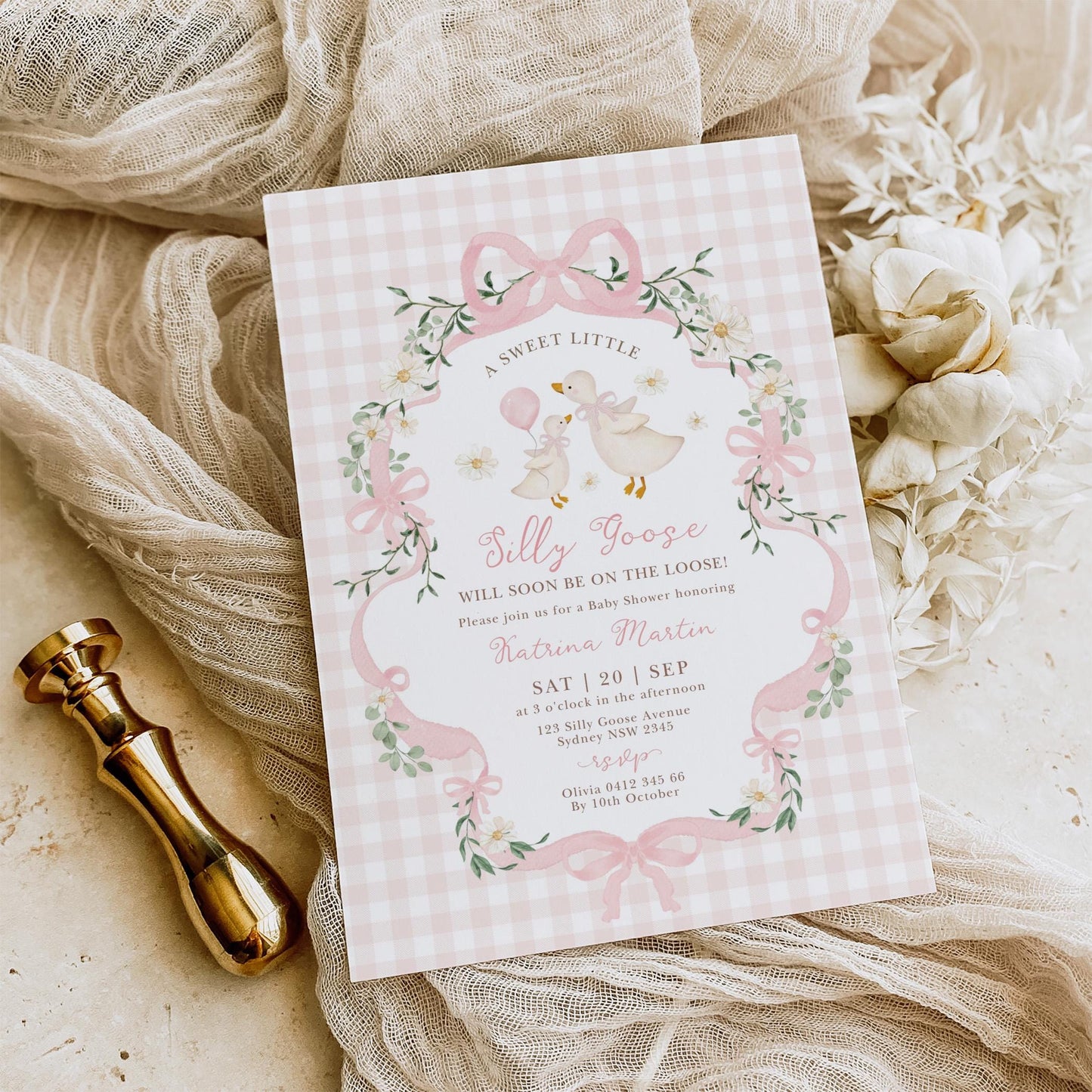 Silly Goose Baby Shower Invitation | Coquette Pink Bow | Editable Corjl