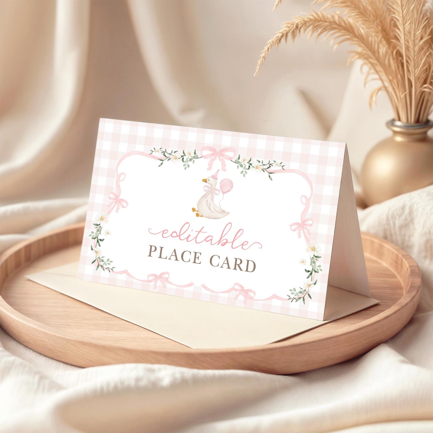 Pink Gingham Silly Goose Place Cards | Editable Corjl | BlueBunnyPrintables