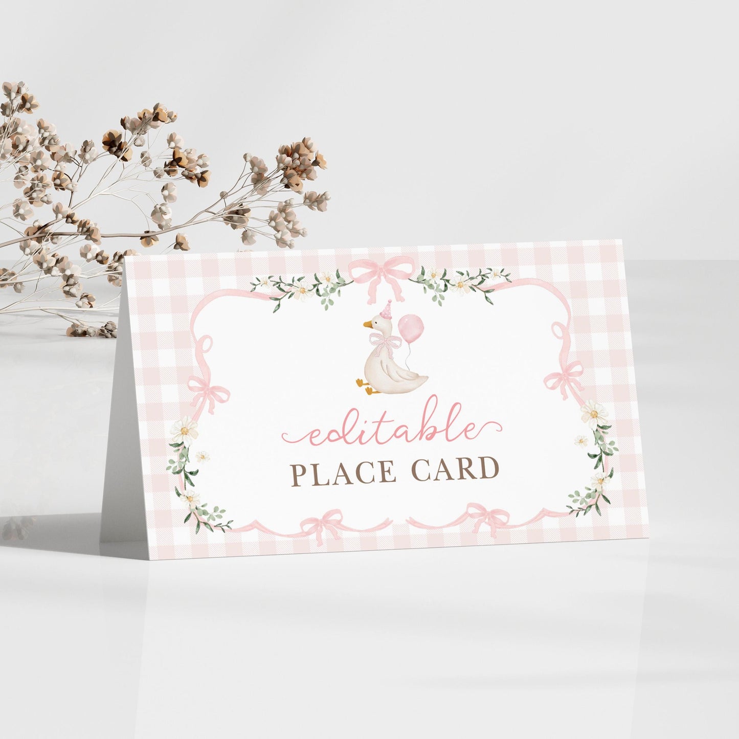 Pink Gingham Silly Goose Place Cards | Editable Corjl | BlueBunnyPrintables
