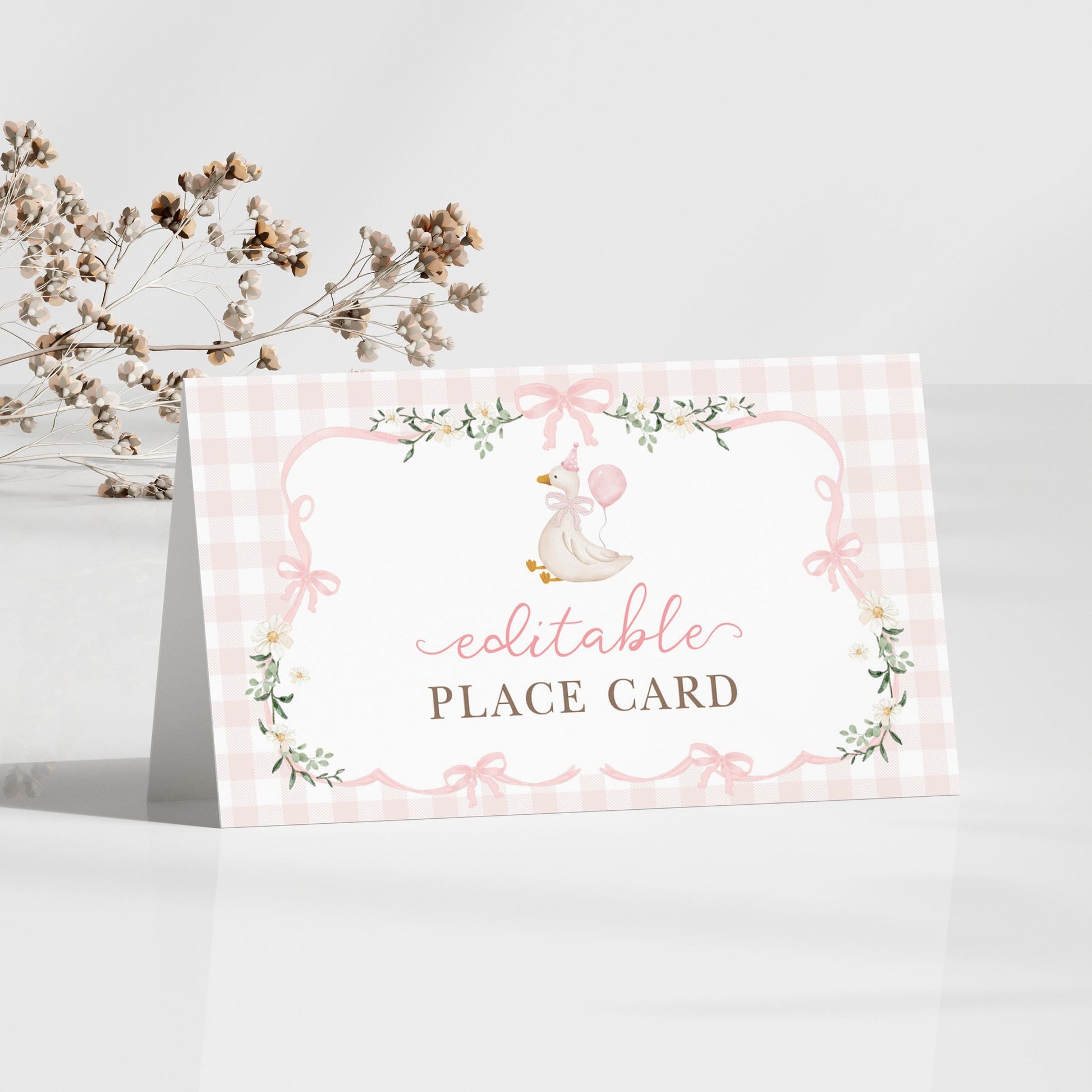 Pink Gingham Silly Goose Place Cards | Editable Corjl | BlueBunnyPrintables