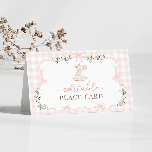 Pink Gingham Silly Goose Place Cards | Editable Corjl | BlueBunnyPrintables