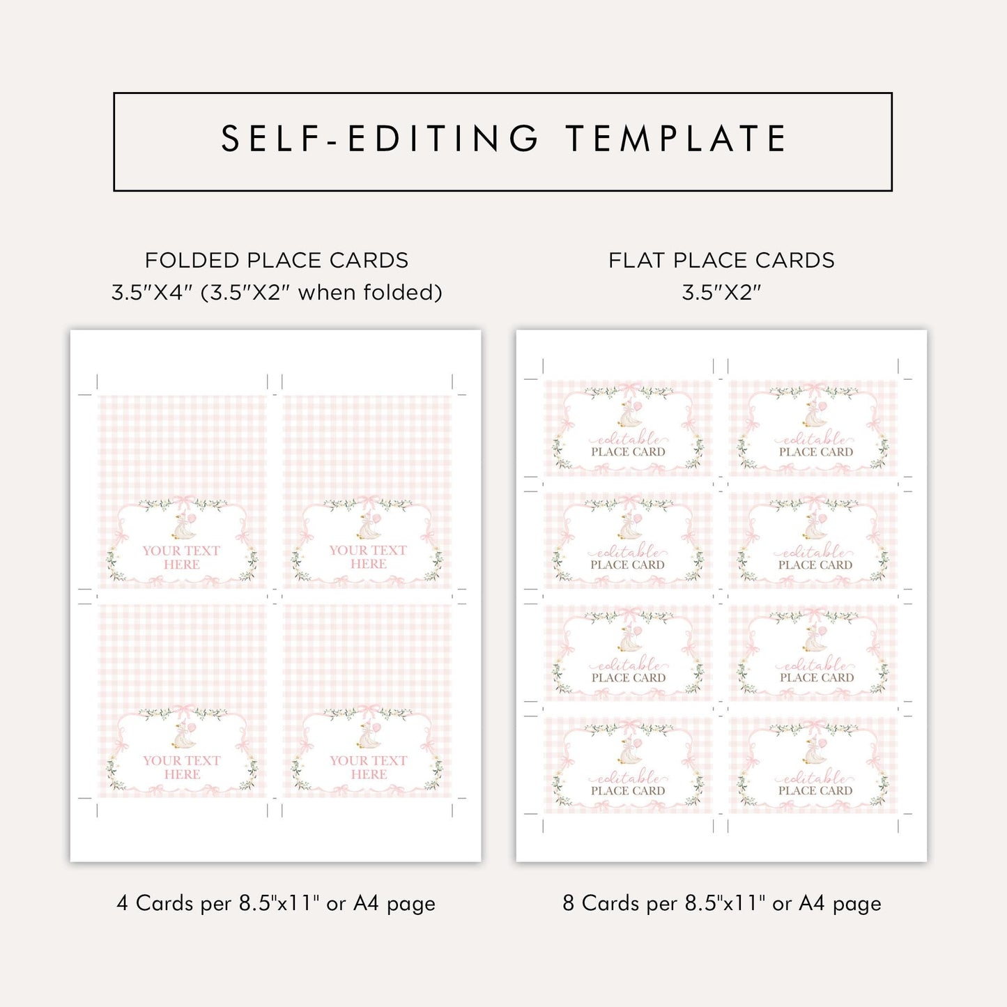 Pink Gingham Silly Goose Place Cards | Editable Corjl | BlueBunnyPrintables