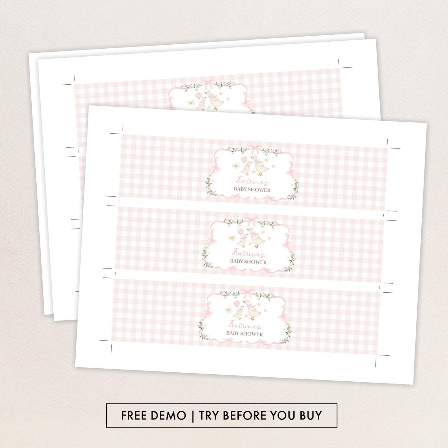 Silly Goose Pink Gingham Water Bottle Label | Editable Corjl