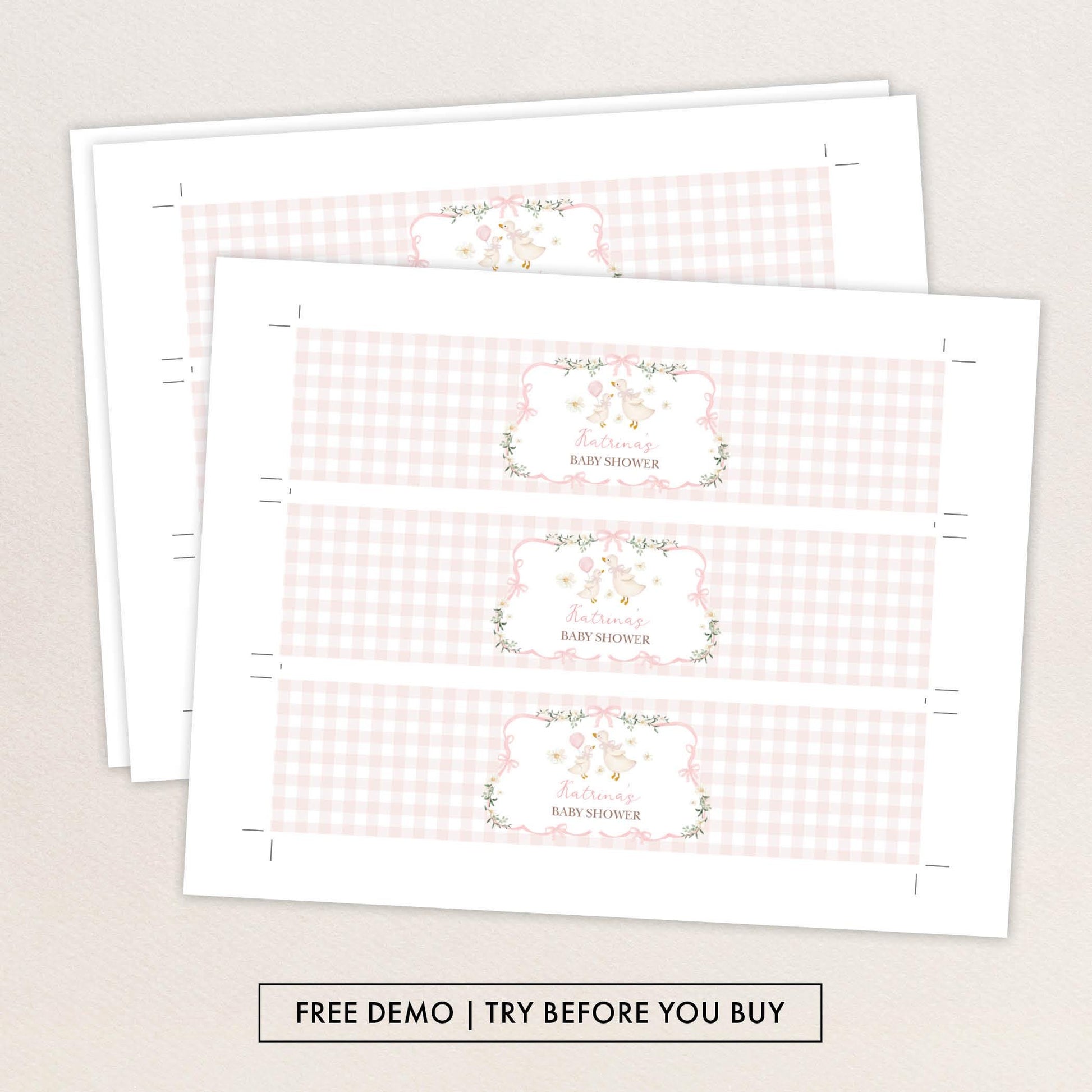 Silly Goose Pink Gingham Water Bottle Label | Editable Corjl