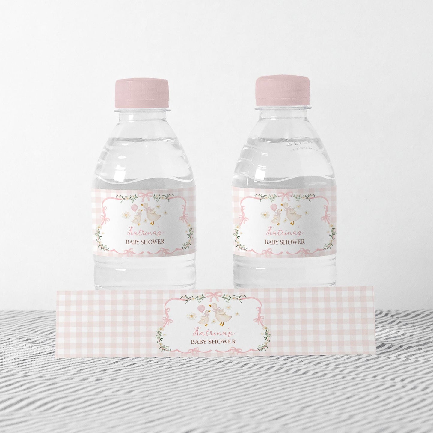 Silly Goose Pink Gingham Water Bottle Label | Editable Corjl