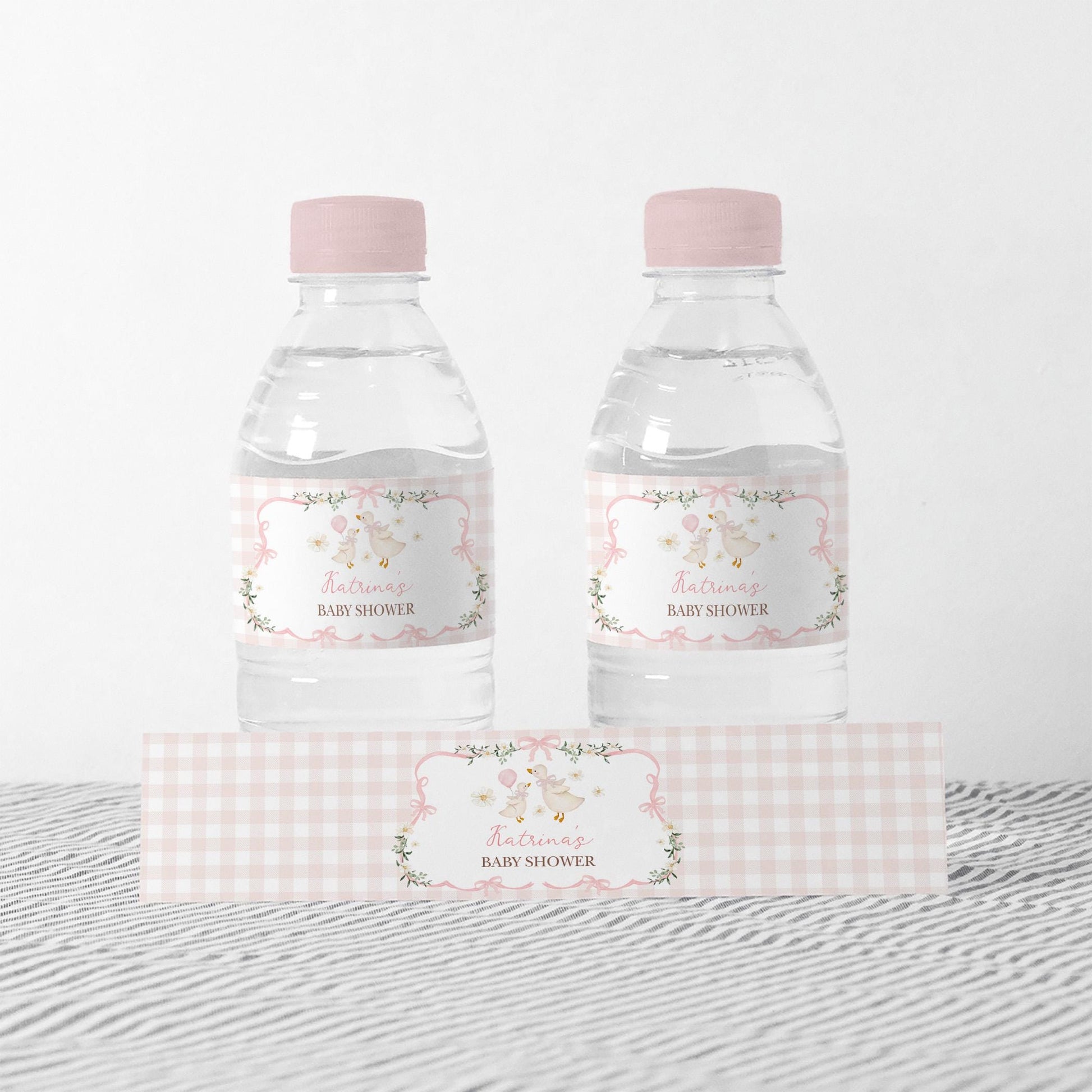 Silly Goose Pink Gingham Water Bottle Label | Editable Corjl