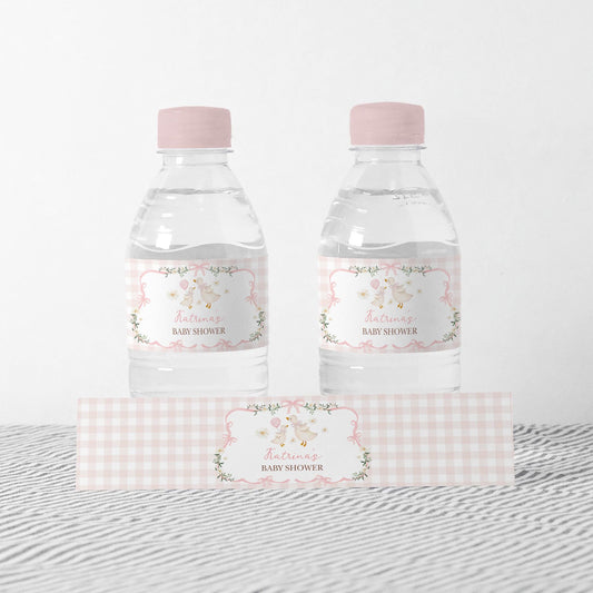 Silly Goose Pink Gingham Water Bottle Label | Editable Corjl