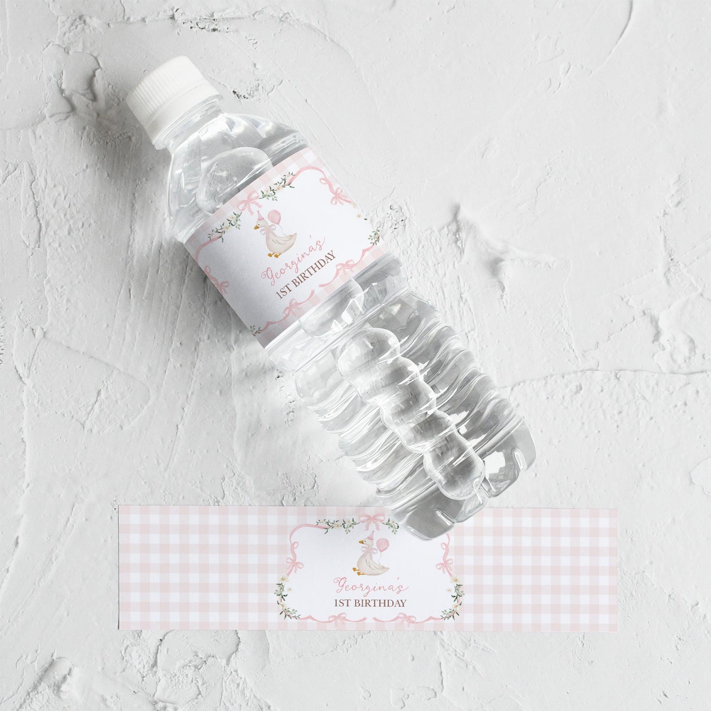Silly Goose Girl Birthday Water Bottle Label | Pink Gingham Bow | Editable Corjl