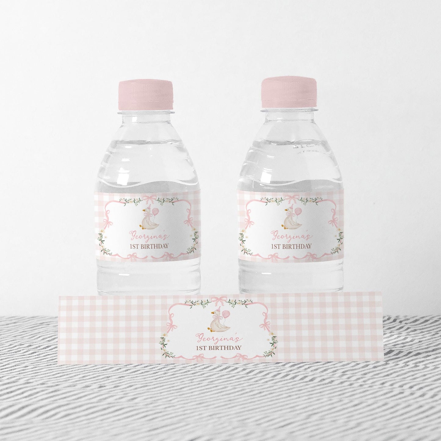 Silly Goose Girl Birthday Water Bottle Label | Pink Gingham Bow | Editable Corjl