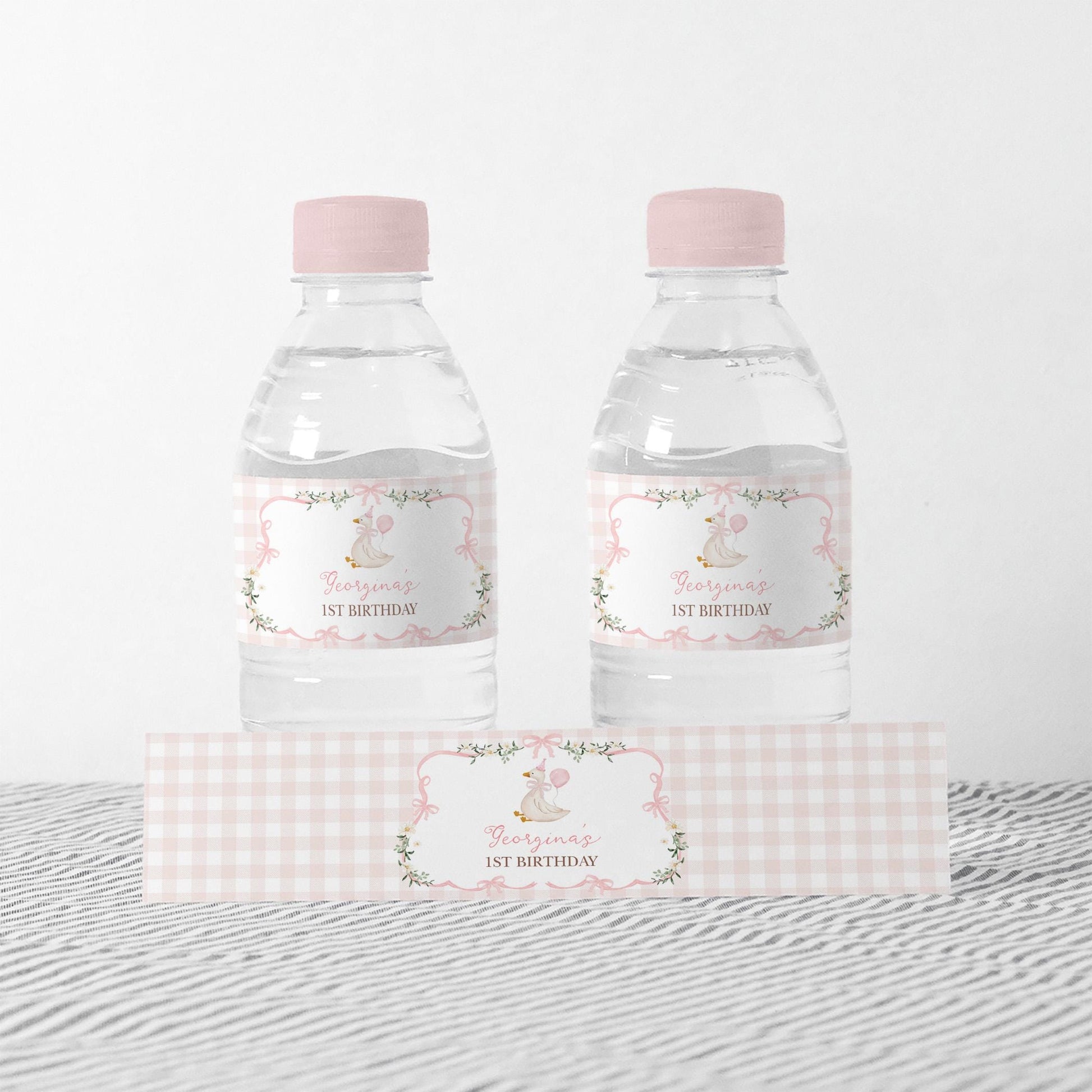 Silly Goose Girl Birthday Water Bottle Label | Pink Gingham Bow | Editable Corjl