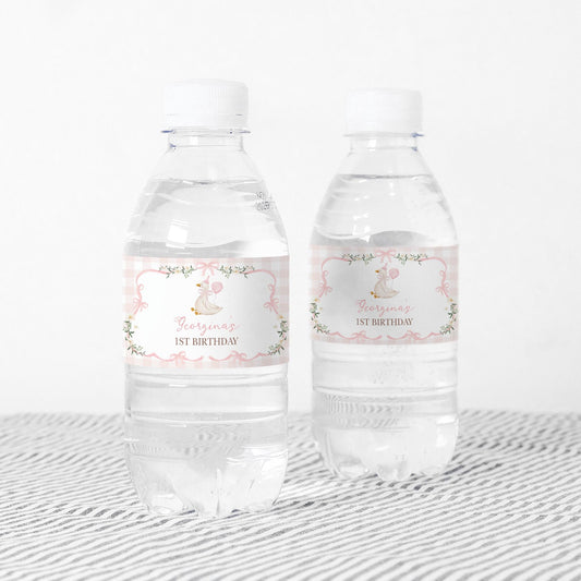 Silly Goose Girl Birthday Water Bottle Label | Pink Gingham Bow | Editable Corjl