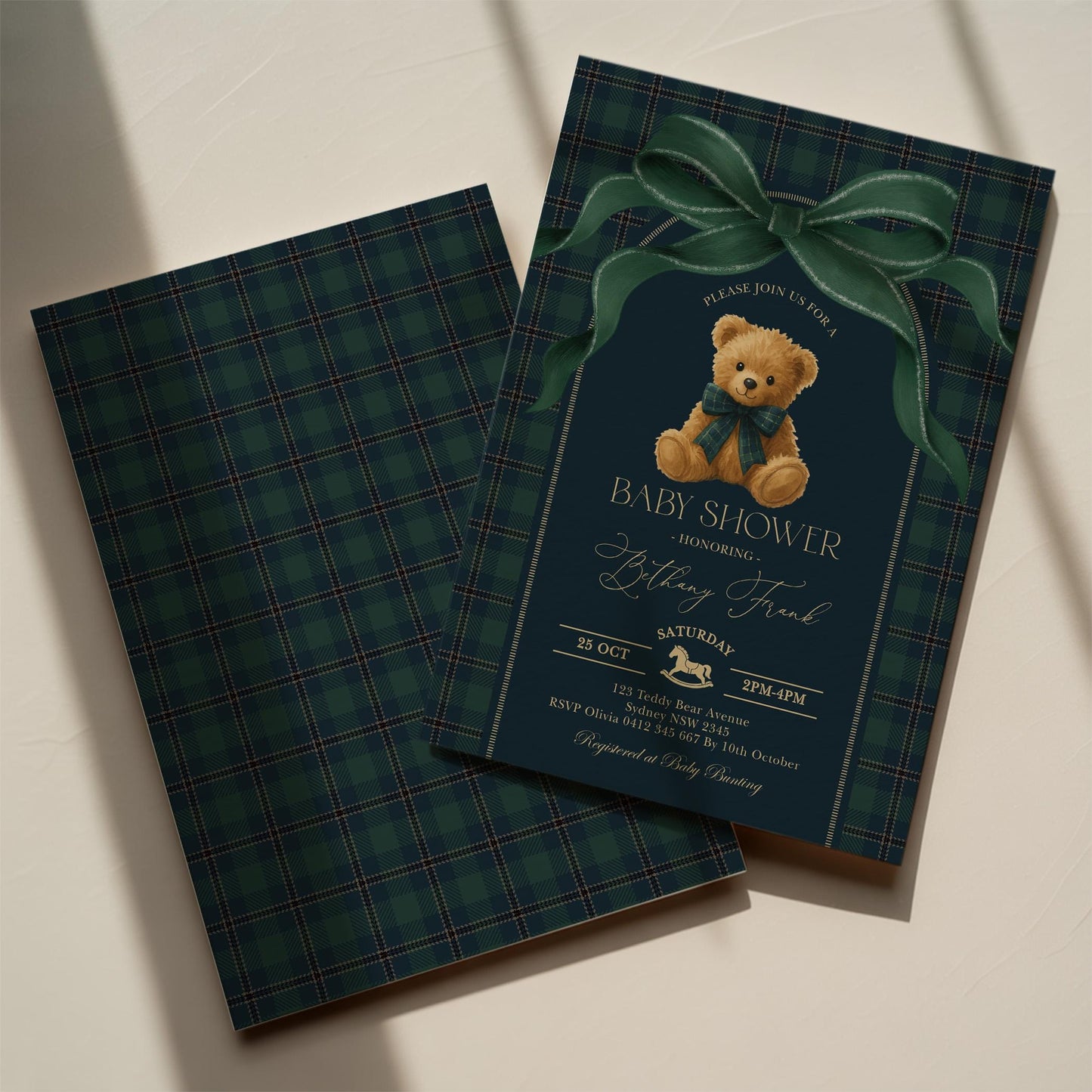 Navy & Forest Green Plaid Teddy Bear Baby Shower Invitation | Editable Corjl | Blue Bunny Printables